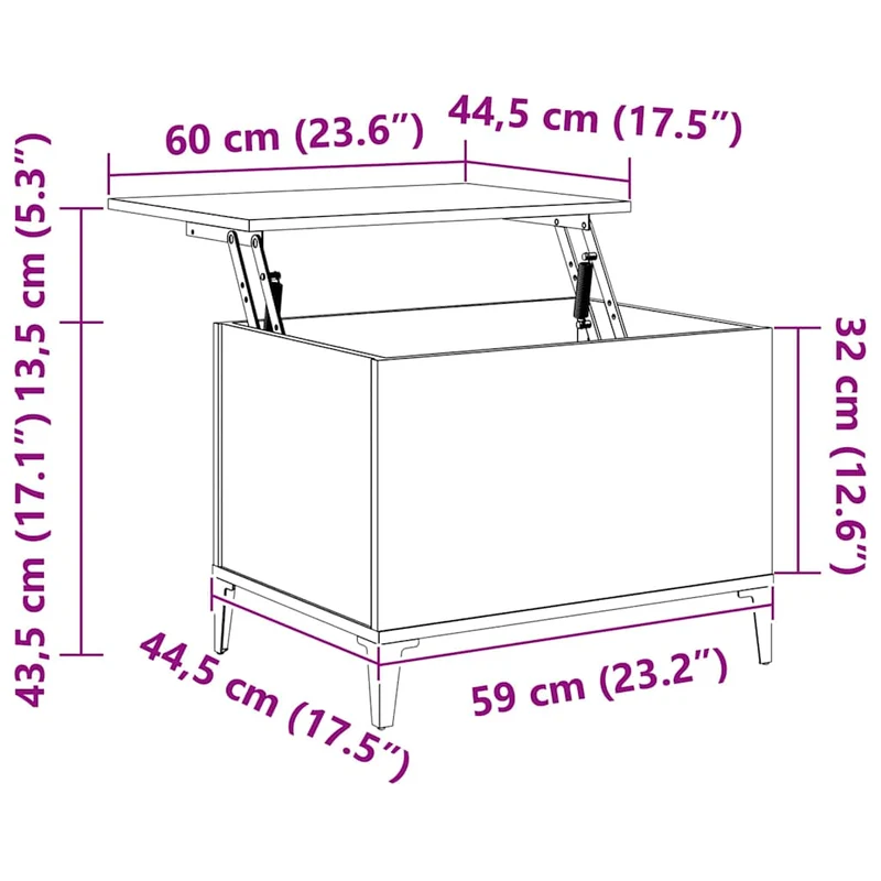 Table basse avec plateau relevable design moderne et contemporaine 60 x 44,5 x 45 cm bois d'ingénierie gris et métal DEC039316