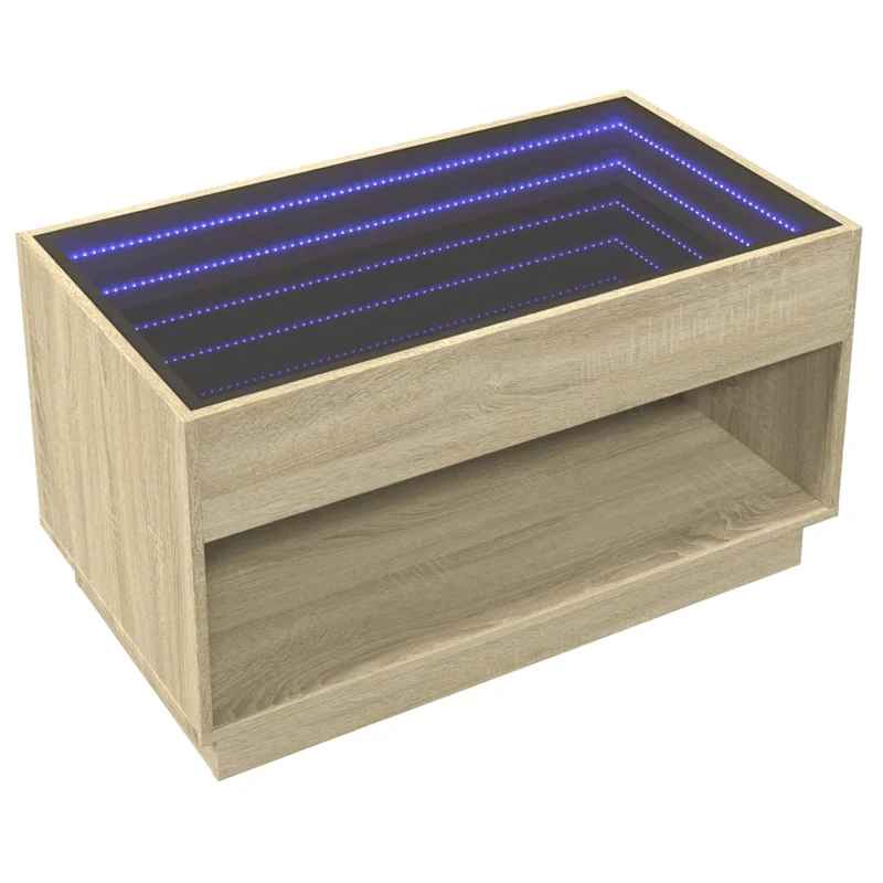 Table basse de salon design moderne avec LED 90 x 50 x 50 cm bois d'ingénierie couleur chêne et verre DEC037492