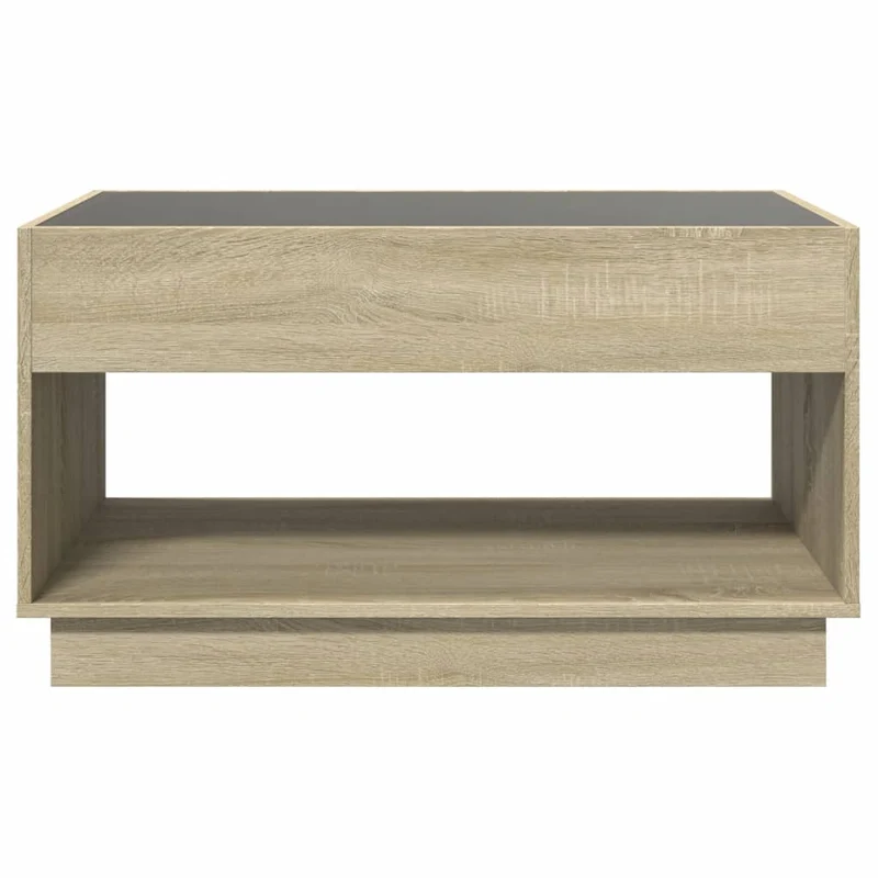 Table basse de salon design moderne avec LED 90 x 50 x 50 cm bois d'ingénierie couleur chêne et verre DEC037492