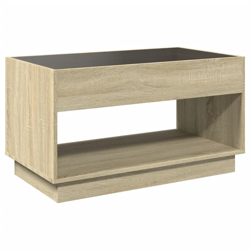 Table basse de salon design moderne avec LED 90 x 50 x 50 cm bois d'ingénierie couleur chêne et verre DEC037492
