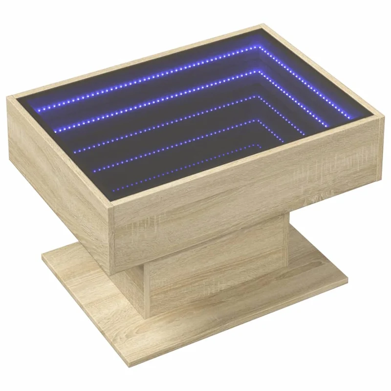 Table basse de salon design moderne avec LED 70 x 50 x 45 cm bois d'ingénierie couleur chêne et verre DEC037419