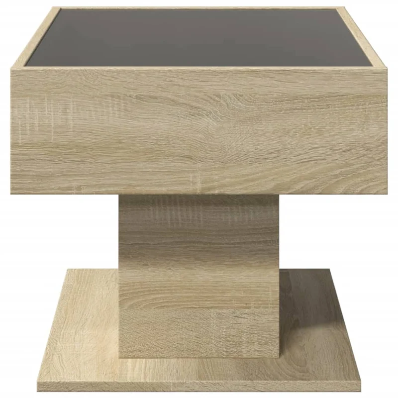 Table basse de salon design moderne avec LED 70 x 50 x 45 cm bois d'ingénierie couleur chêne et verre DEC037419