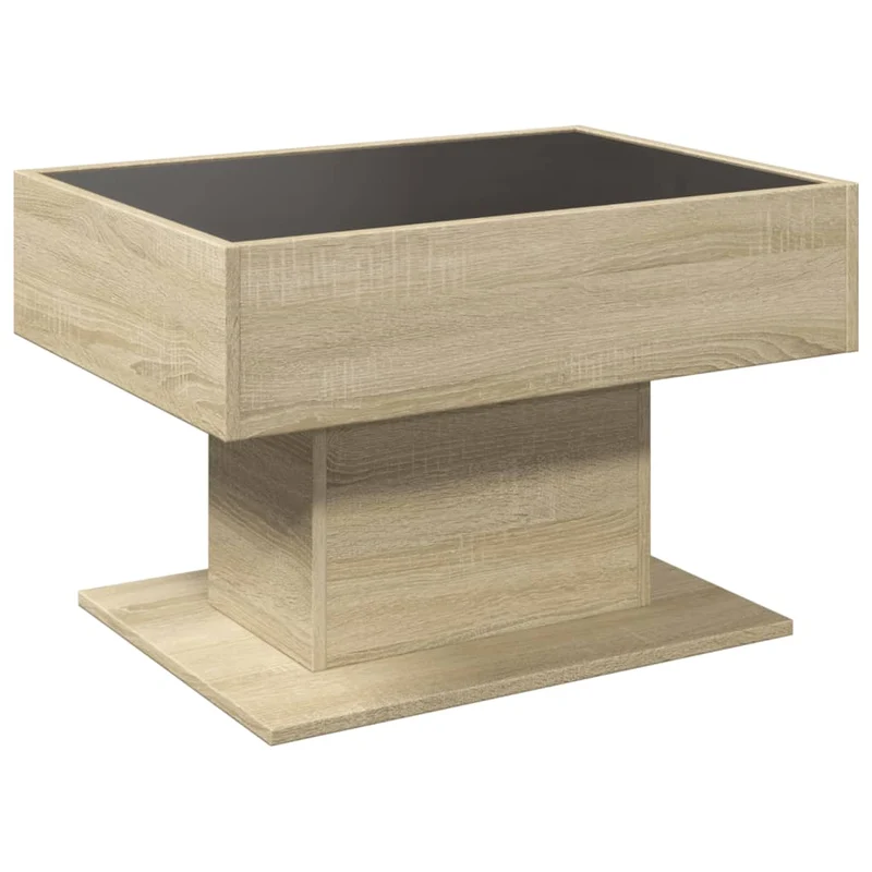 Table basse de salon design moderne avec LED 70 x 50 x 45 cm bois d'ingénierie couleur chêne et verre DEC037419
