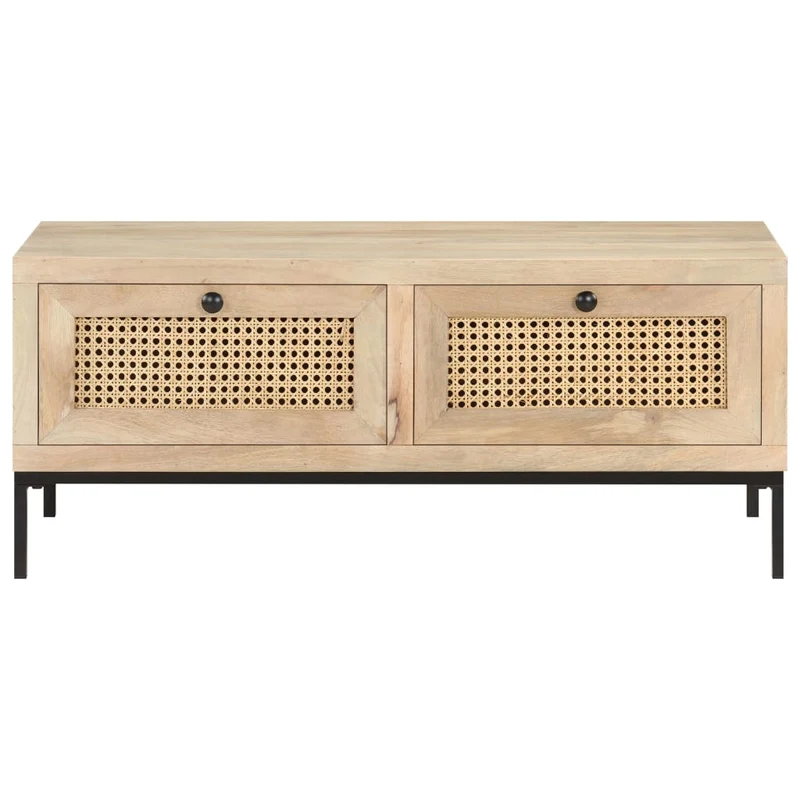 Table basse de salon avec tiroris design rustique 90 x 50 x 37 cm bois de manguier et canne naturelle et acier DEC037230