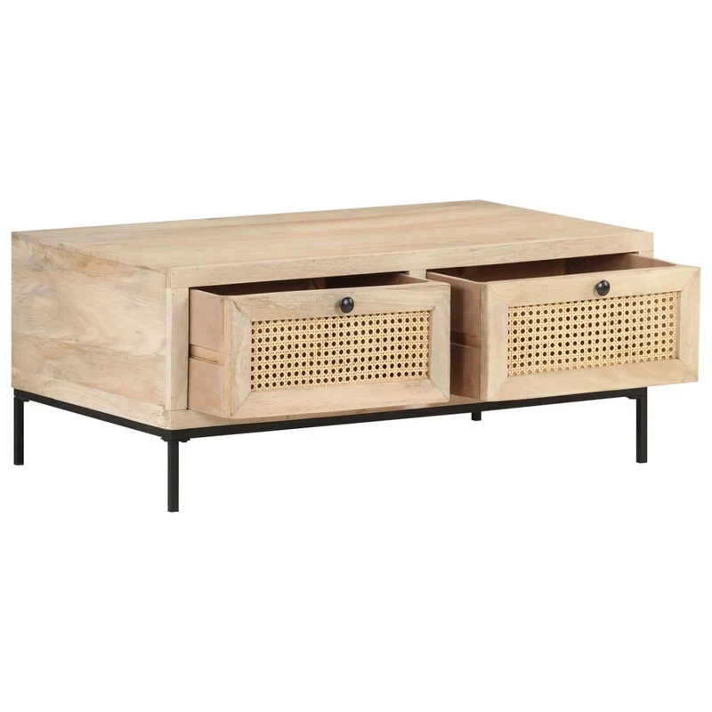 Table basse de salon avec tiroris design rustique 90 x 50 x 37 cm bois de manguier et canne naturelle et acier DEC037230