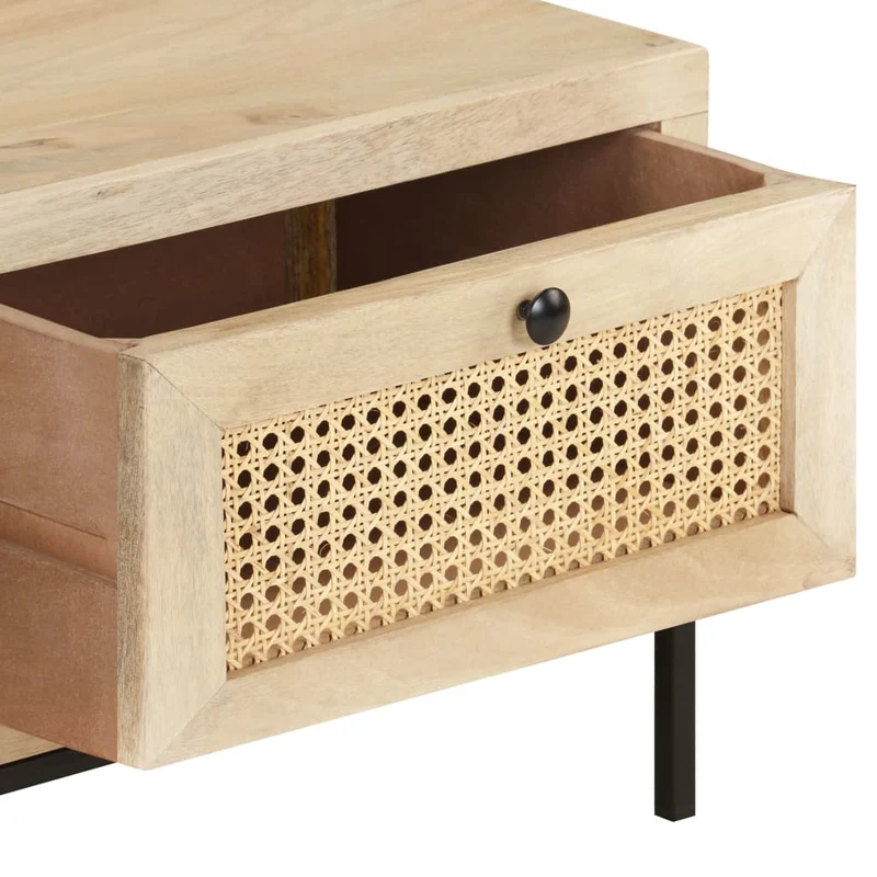 Table basse de salon avec tiroris design rustique 90 x 50 x 37 cm bois de manguier et canne naturelle et acier DEC037230
