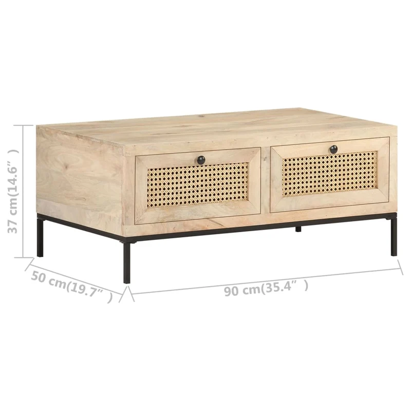 Table basse de salon avec tiroris design rustique 90 x 50 x 37 cm bois de manguier et canne naturelle et acier DEC037230