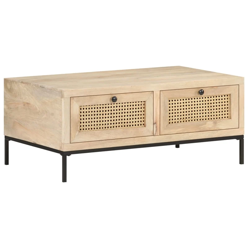 Table basse de salon avec tiroris design rustique 90 x 50 x 37 cm bois de manguier et canne naturelle et acier DEC037230