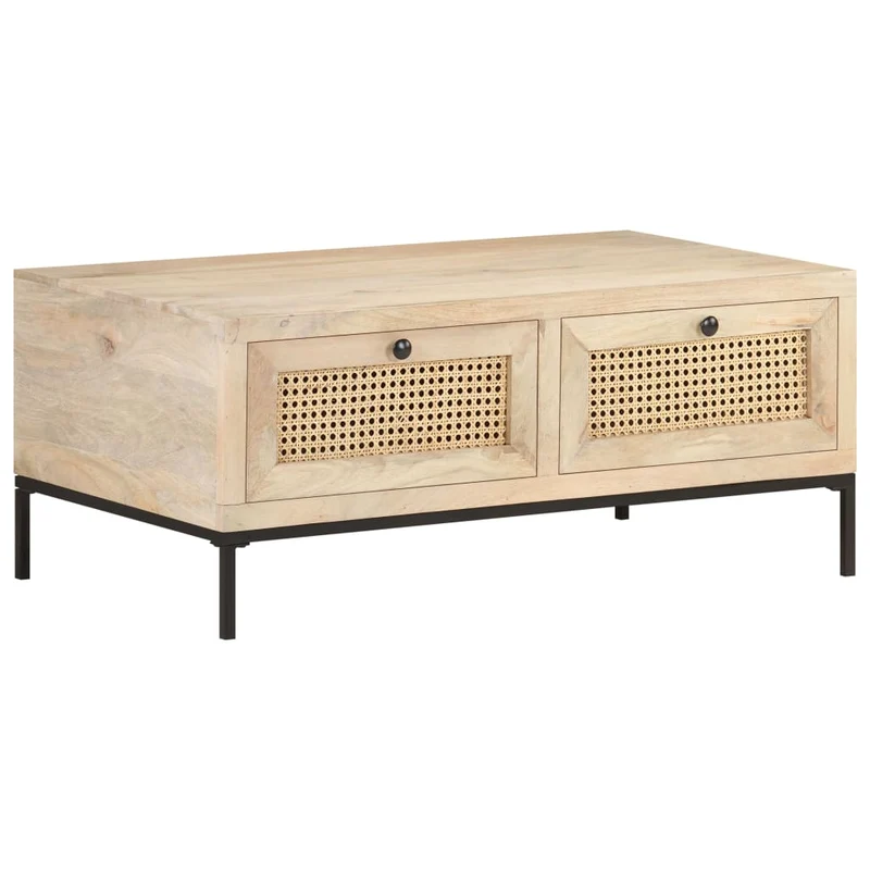 Table basse de salon avec tiroris design rustique 90 x 50 x 37 cm bois de manguier et canne naturelle et acier DEC037230