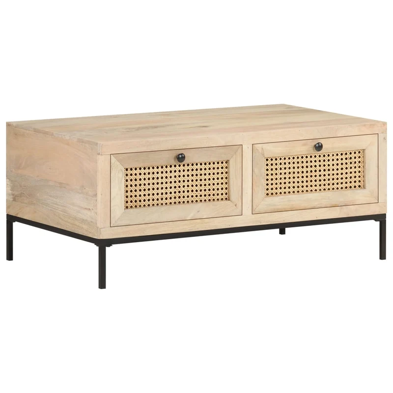 Table basse de salon avec tiroris design rustique 90 x 50 x 37 cm bois de manguier et canne naturelle et acier DEC037230