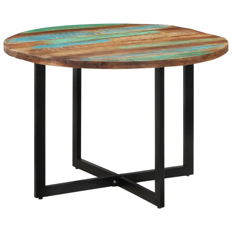 Table de salle à manger design industriel 110 x 75 cm bois massif de récupération multicolore et fer DEC036696
