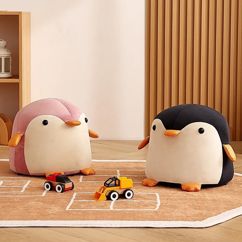 Contemporary Creative Kids Penguin Velvet Plywood Low Stool For Living Room