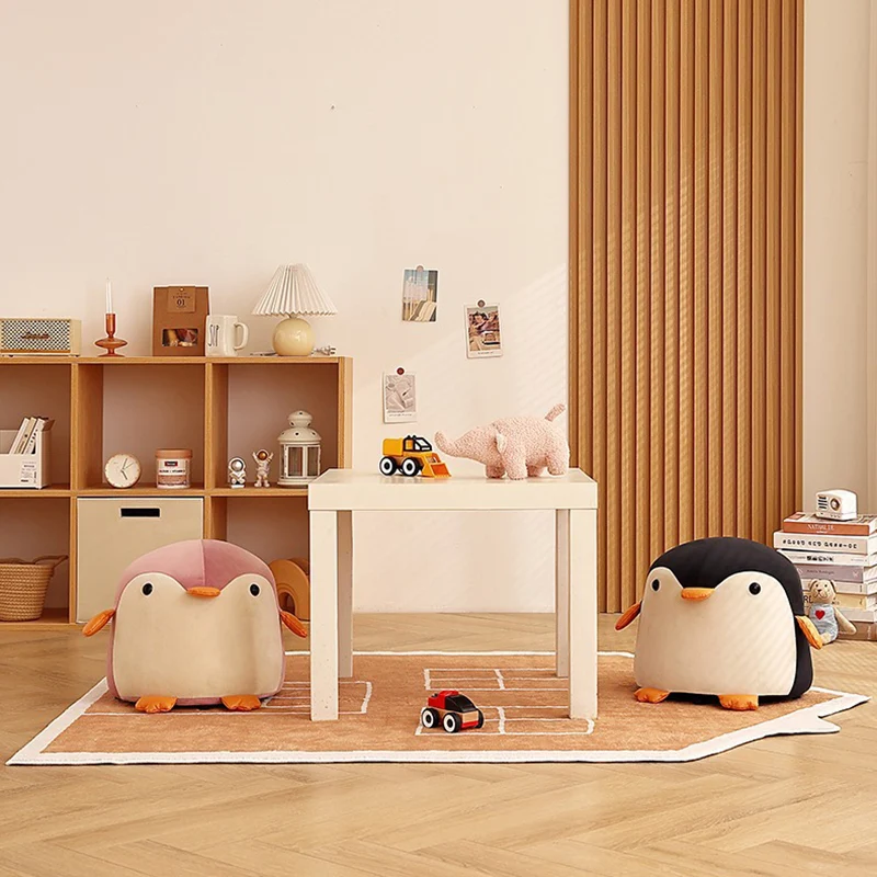 Contemporary Creative Kids Penguin Velvet Plywood Low Stool For Living Room