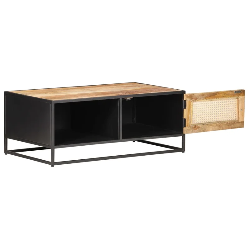 Table basse de salon design industriel rustique 90 x 50 x 35cm bois de manguier brut et canne naturelle marron DEC037229