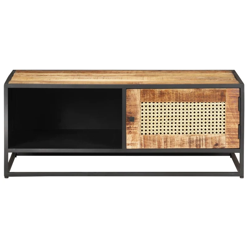 Table basse de salon design industriel rustique 90 x 50 x 35cm bois de manguier brut et canne naturelle marron DEC037229