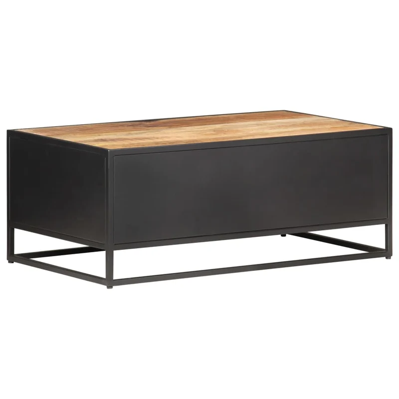 Table basse de salon design industriel rustique 90 x 50 x 35cm bois de manguier brut et canne naturelle marron DEC037229