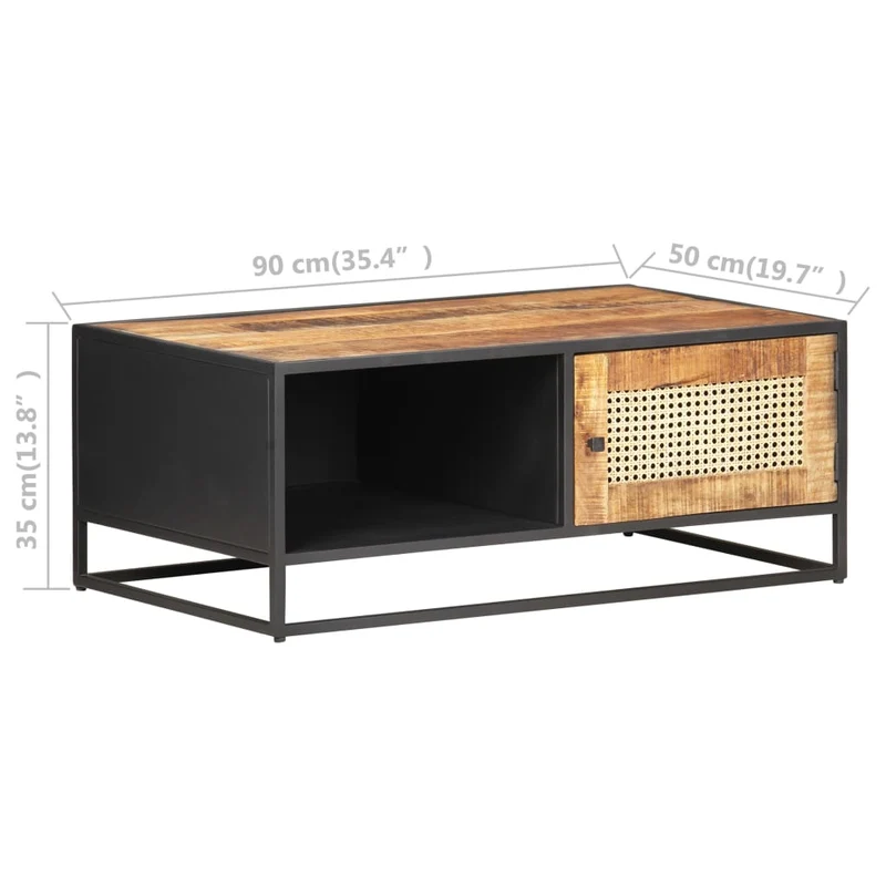 Table basse de salon design industriel rustique 90 x 50 x 35cm bois de manguier brut et canne naturelle marron DEC037229