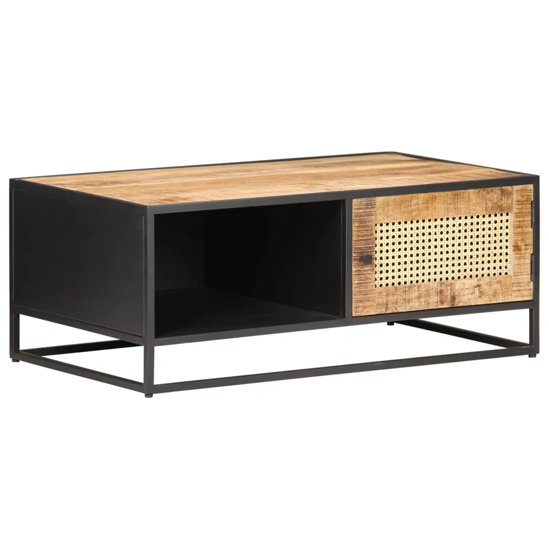 Table basse de salon design industriel rustique 90 x 50 x 35cm bois de manguier brut et canne naturelle marron DEC037229