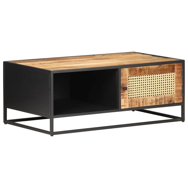 Table basse de salon design industriel rustique 90 x 50 x 35cm bois de manguier brut et canne naturelle marron DEC037229