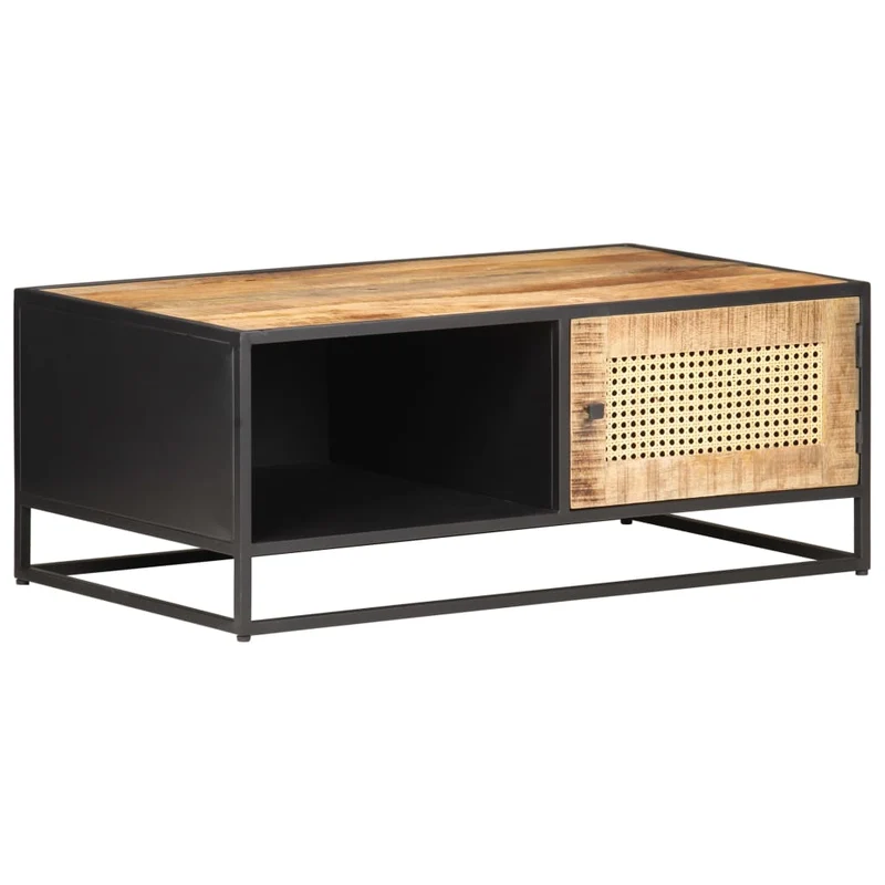 Table basse de salon design industriel rustique 90 x 50 x 35cm bois de manguier brut et canne naturelle marron DEC037229