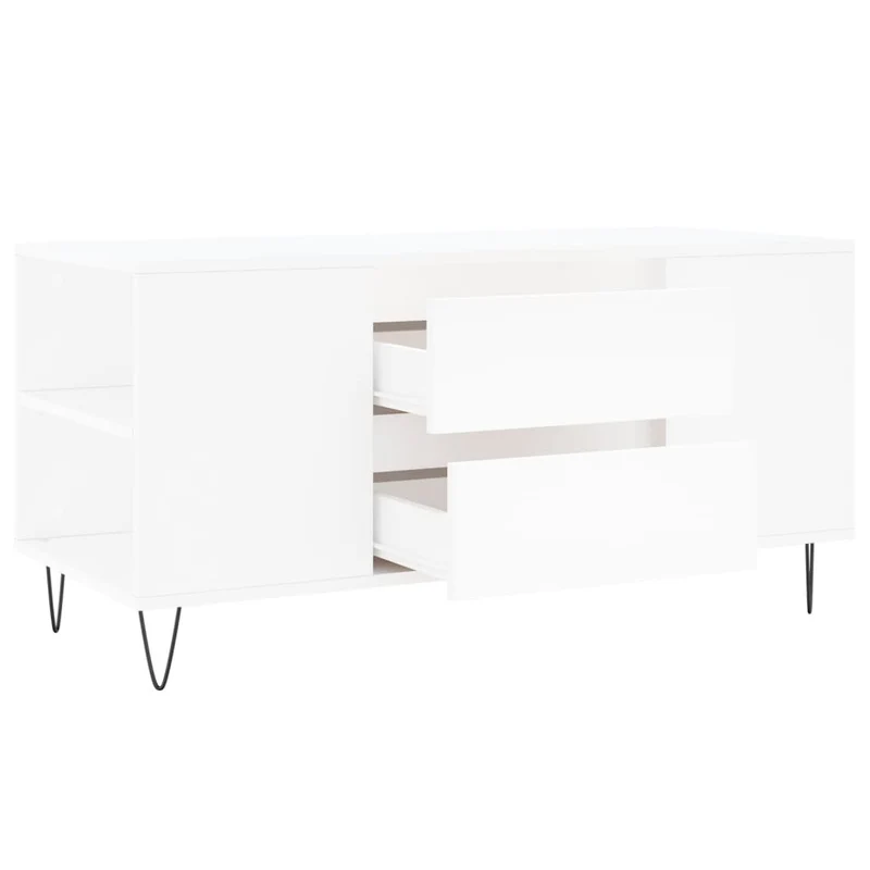 Table basse de salon avec 2 tiroirs et de 4 compartiments design moderne 102 x 44,5 x 50 cm bois d'ingénierie blanc et métal DEC037804