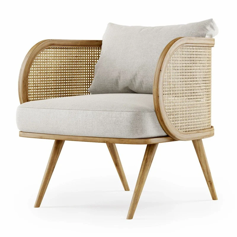 Contemporary Scandinavian Square Bent Half Round Fabric Rattan Wood Accent Chair Backrest Armrest For Living Room