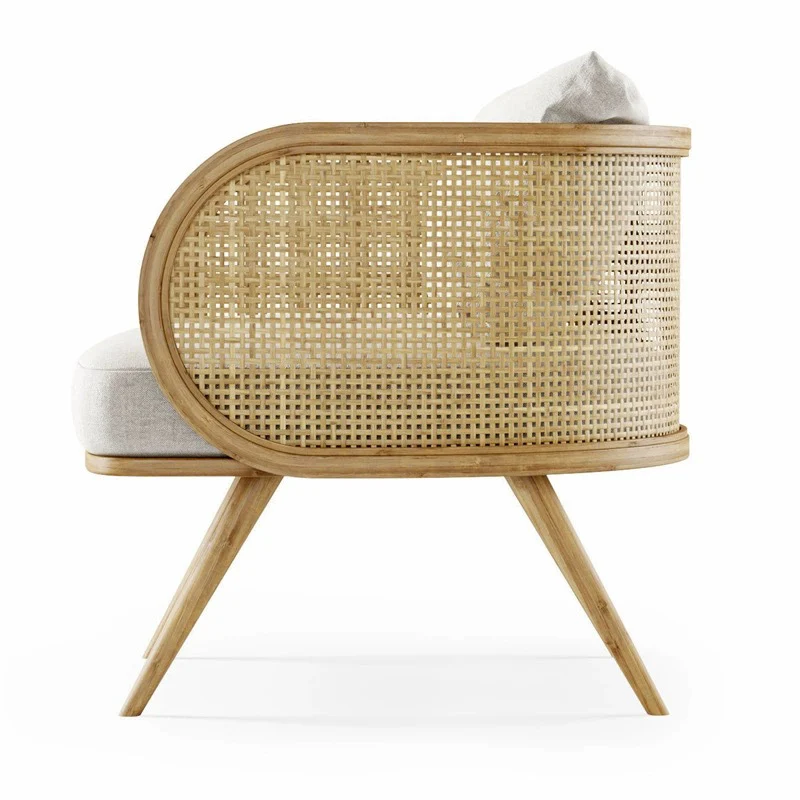 Contemporary Scandinavian Square Bent Half Round Fabric Rattan Wood Accent Chair Backrest Armrest For Living Room