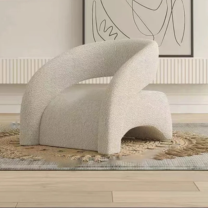 Contemporary Scandinavian Cream Curved Square Eucalyptus Wood Sherpa Fabric Velvet Accent Chair Backrest Armrest For Living Room