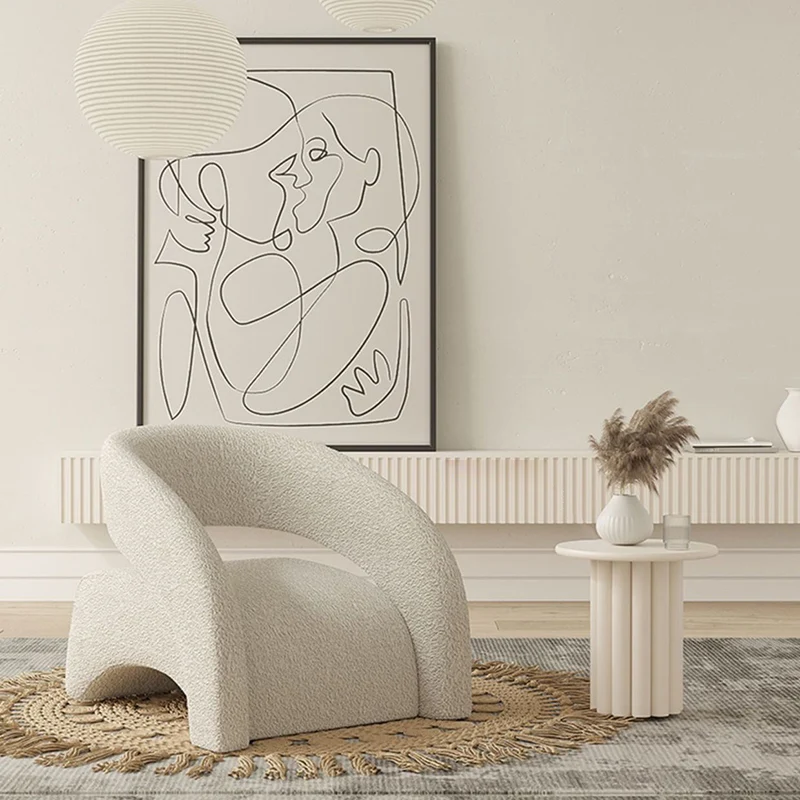 Contemporary Scandinavian Cream Curved Square Eucalyptus Wood Sherpa Fabric Velvet Accent Chair Backrest Armrest For Living Room