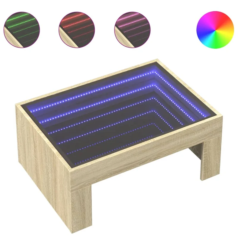 Table basse de salon design moderne avec LED 70 x 50 x 30 cm bois d'ingénierie couleur chêne et verre DEC037484