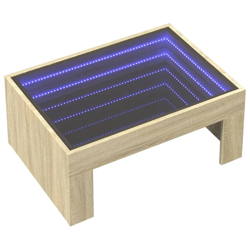 Table basse de salon design moderne avec LED 70 x 50 x 30 cm bois d'ingénierie couleur chêne et verre DEC037484