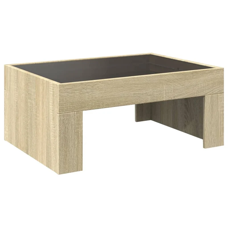 Table basse de salon design moderne avec LED 70 x 50 x 30 cm bois d'ingénierie couleur chêne et verre DEC037484