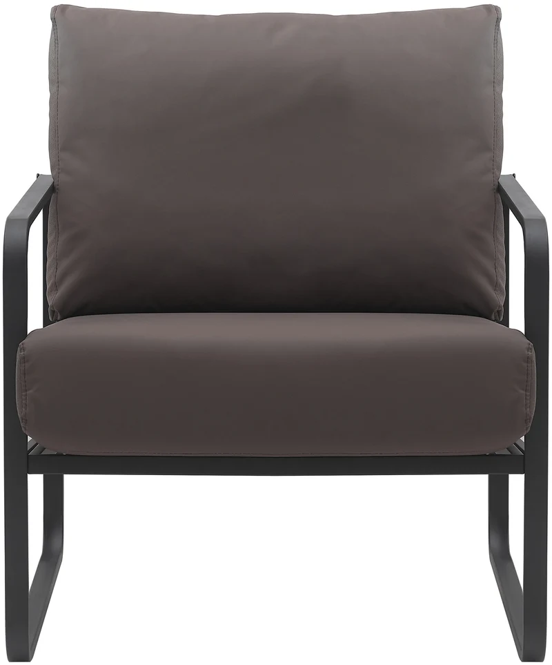 Fauteuil lounge design retro chic en PVC marron et cadre en métal noir mat 10_0002812