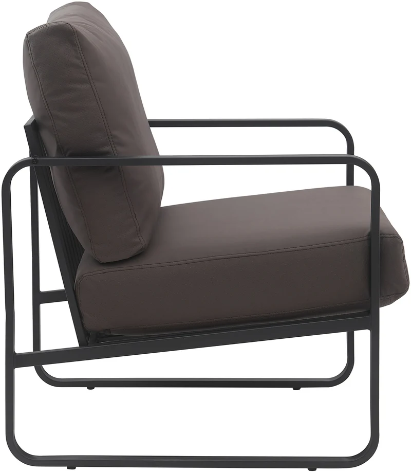 Fauteuil lounge design retro chic en PVC marron et cadre en métal noir mat 10_0002812