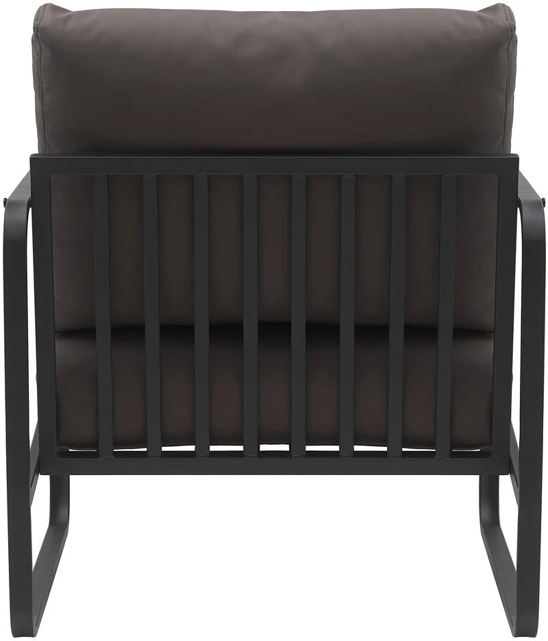 Fauteuil lounge design retro chic en PVC marron et cadre en métal noir mat 10_0002812
