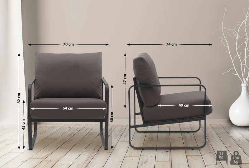 Fauteuil lounge design retro chic en PVC marron et cadre en métal noir mat 10_0002812