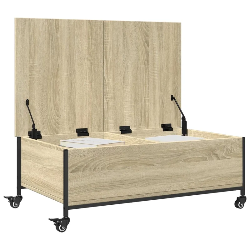 Table basse de salon sur roulettes avec espace de rangement en bois d'ingénierie couleur chêne et acier DEC037747