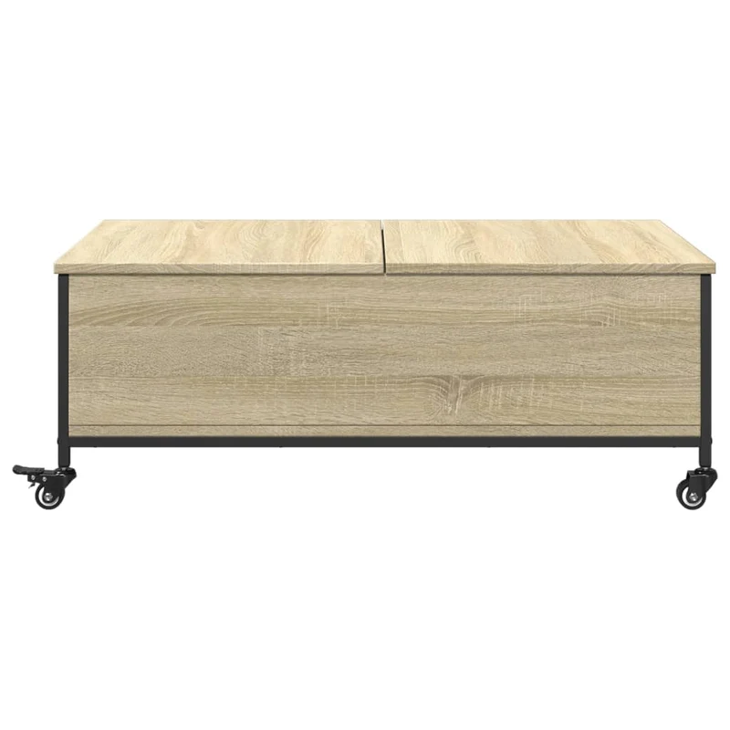 Table basse de salon sur roulettes avec espace de rangement en bois d'ingénierie couleur chêne et acier DEC037747