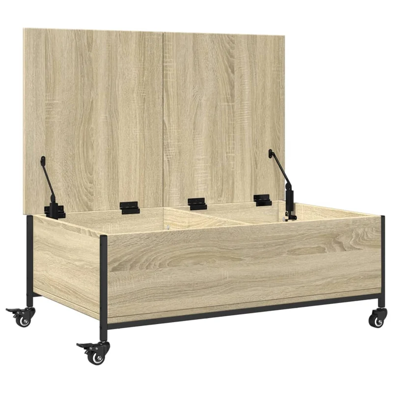 Table basse de salon sur roulettes avec espace de rangement en bois d'ingénierie couleur chêne et acier DEC037747