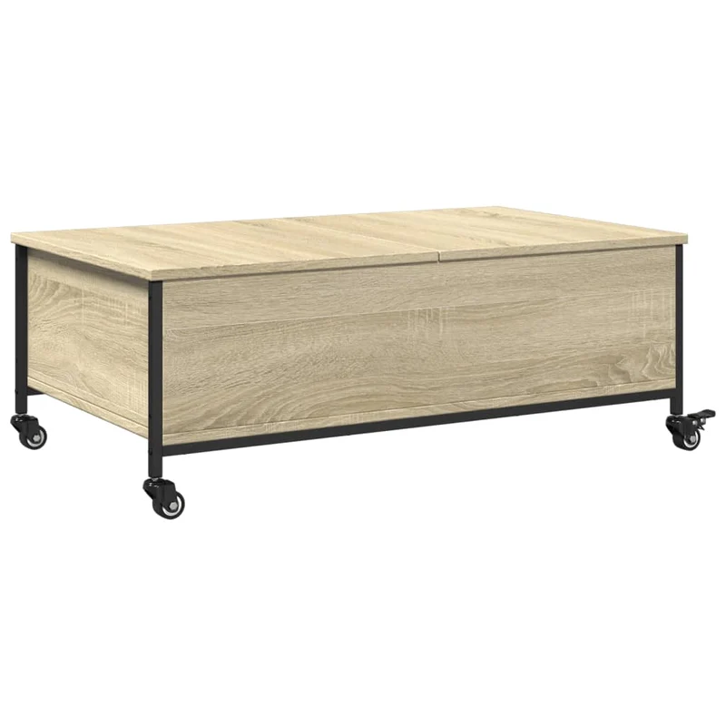 Table basse de salon sur roulettes avec espace de rangement en bois d'ingénierie couleur chêne et acier DEC037747