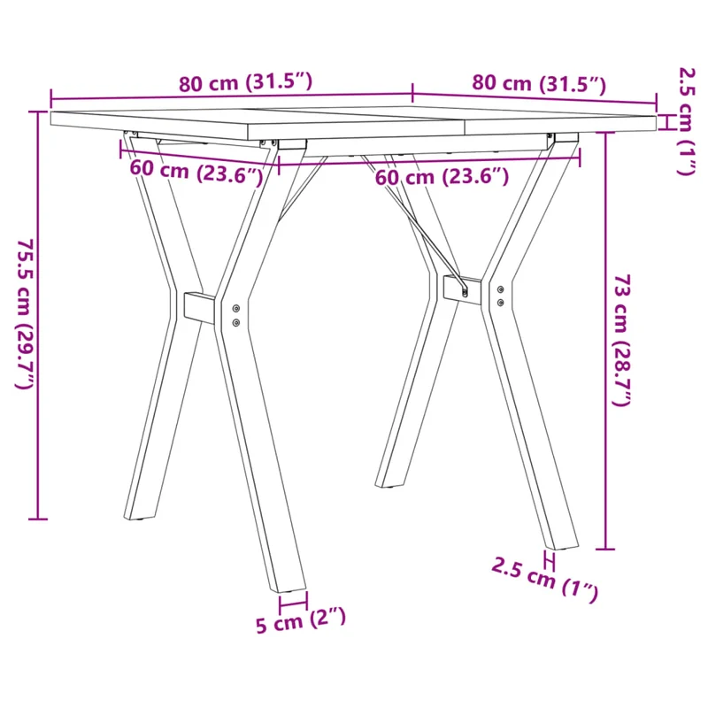 Table de salle à manger design industriel cadre en Y 80 x 80 x 75,5cm bois de pin massif et acier DEC036841