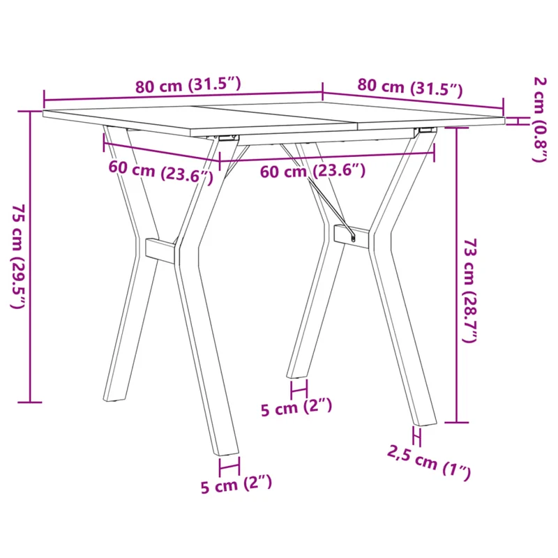 Table de salle à manger design industriel cadre en Y 80 x 80 x 75 cm bois de pin massif et acier DEC036840