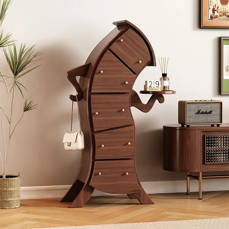 Contemporary Creative Curved Rubberwood End Table 5-Drawer For Living Room