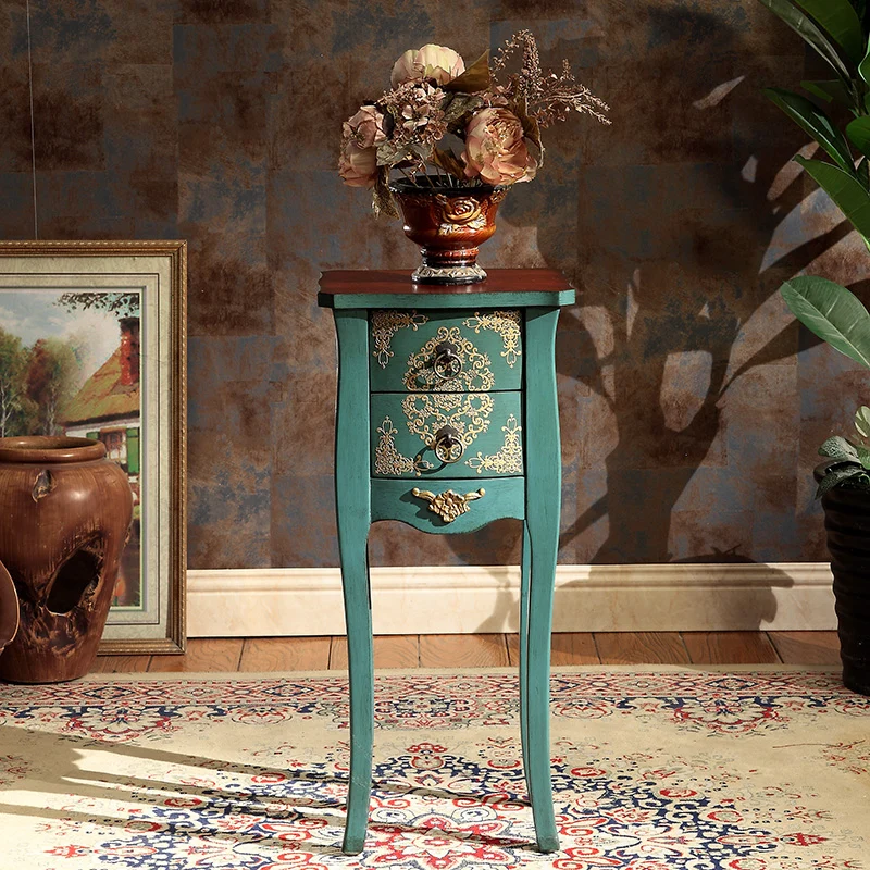 Traditional European Square Arabesque Birch Wood MDF End Table 2-Drawer For Living Room