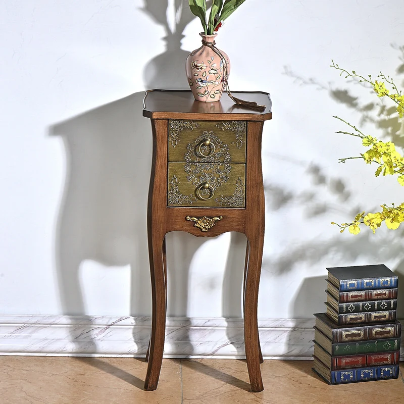 Traditional European Square Arabesque Birch Wood MDF End Table 2-Drawer For Living Room