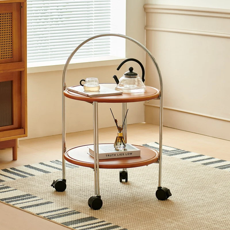 Contemporary Retro Removable Foldable Round Solid Wood Stainless Steel Frame End Table 2-Tier For Living Room