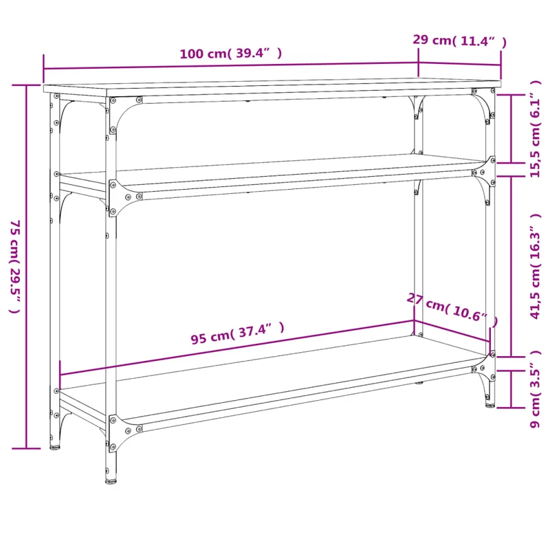 Table console avec étagères style industriel 100 x 29 x 75 cm bois d'ingénierie couleur chêne et métal DEC031903