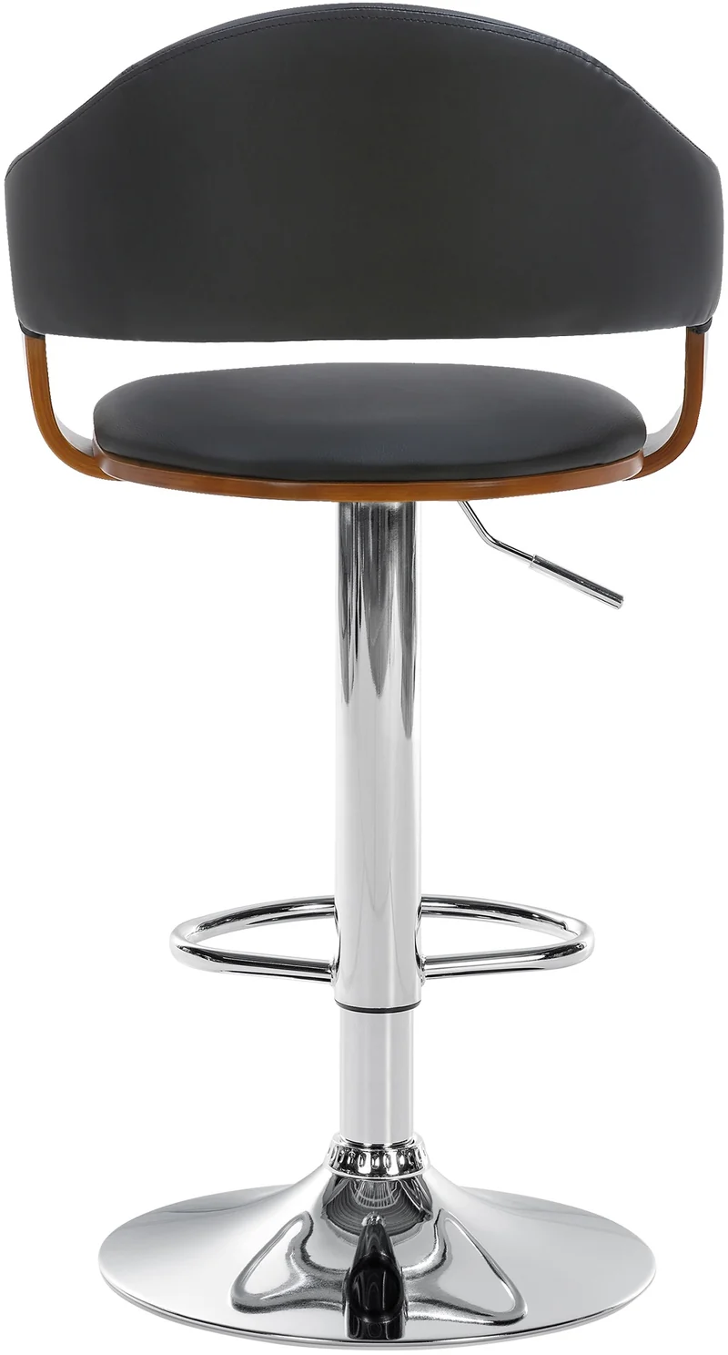 Tabouret de bar design rétro chic assise en PVC noir et bois noyer piètement en métal chromé 10_0005289