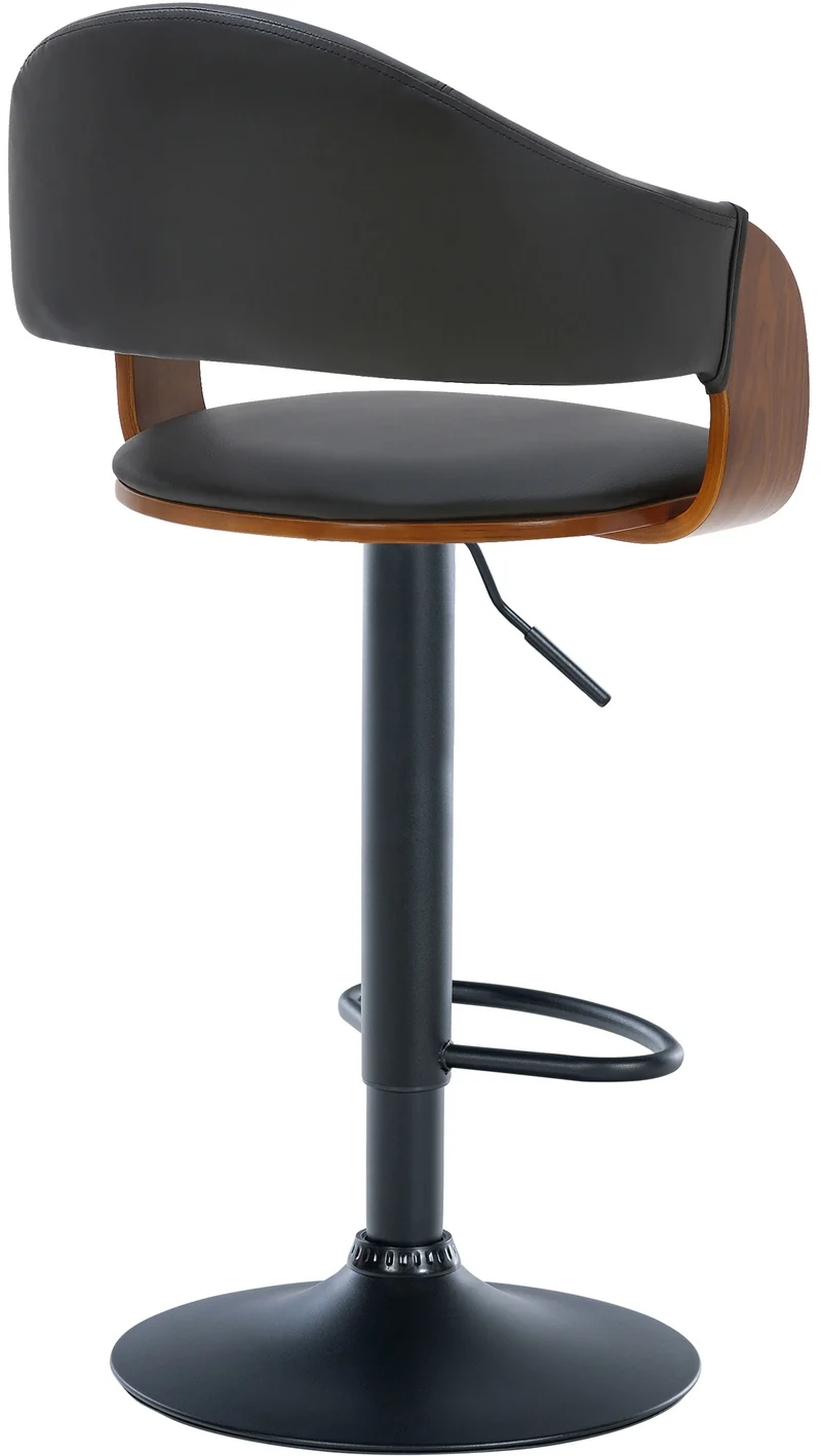 Tabouret de bar design rétro chic assise en PVC noir et bois noyer piètement en métal noir 10_0005292