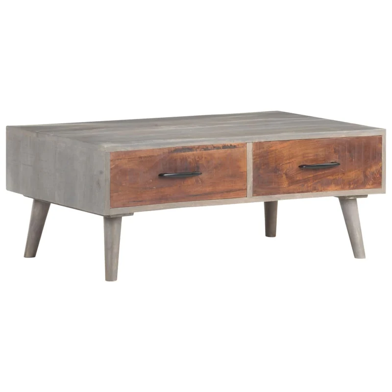 Table basse avec tiroirs design moderne et contemporaine 100 x 60 x 40 cm bois massif de manguier brut gris et marron DEC039155